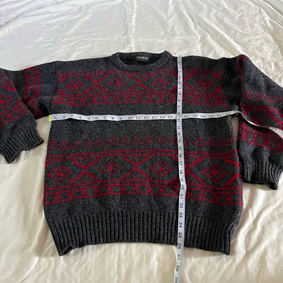 Vtg Y2K Retro 100% Shetland Wool Grey Red Pattern Pullover Grandpa Sweater Men L - Picture 9 of 9